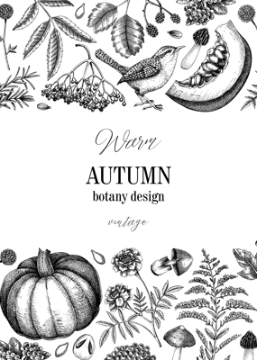 Vintage autumn frame design. Thanksgiving background. Fall leaves, pumpkins, berries, mushrooms sketches. Hand-drawn vector illustration. NOT AI generated